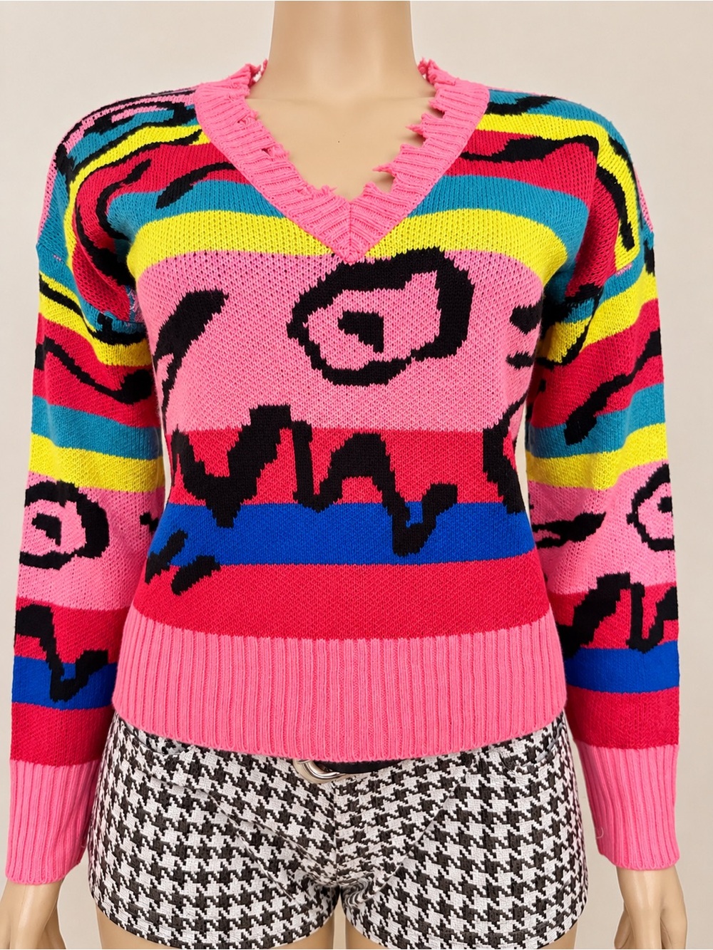 NWT Colorful Abstract Graffiti V-Neck Knit Sweater M